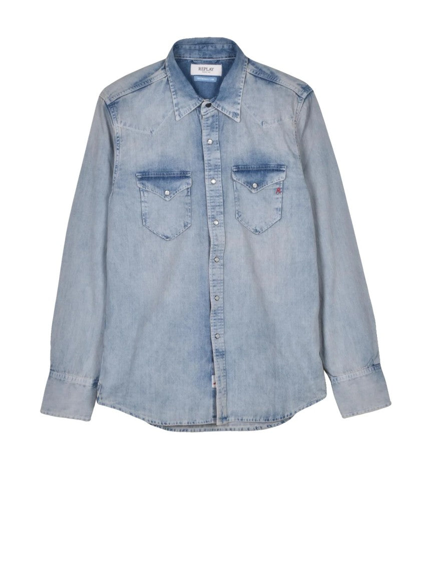 Replay Light Blue Snapped Cotton Denim Shirt