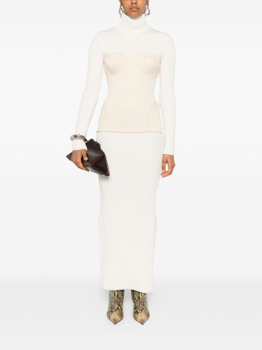Jean Paul Gaultier Off-White Ribbed Knit Turtleneck Dress