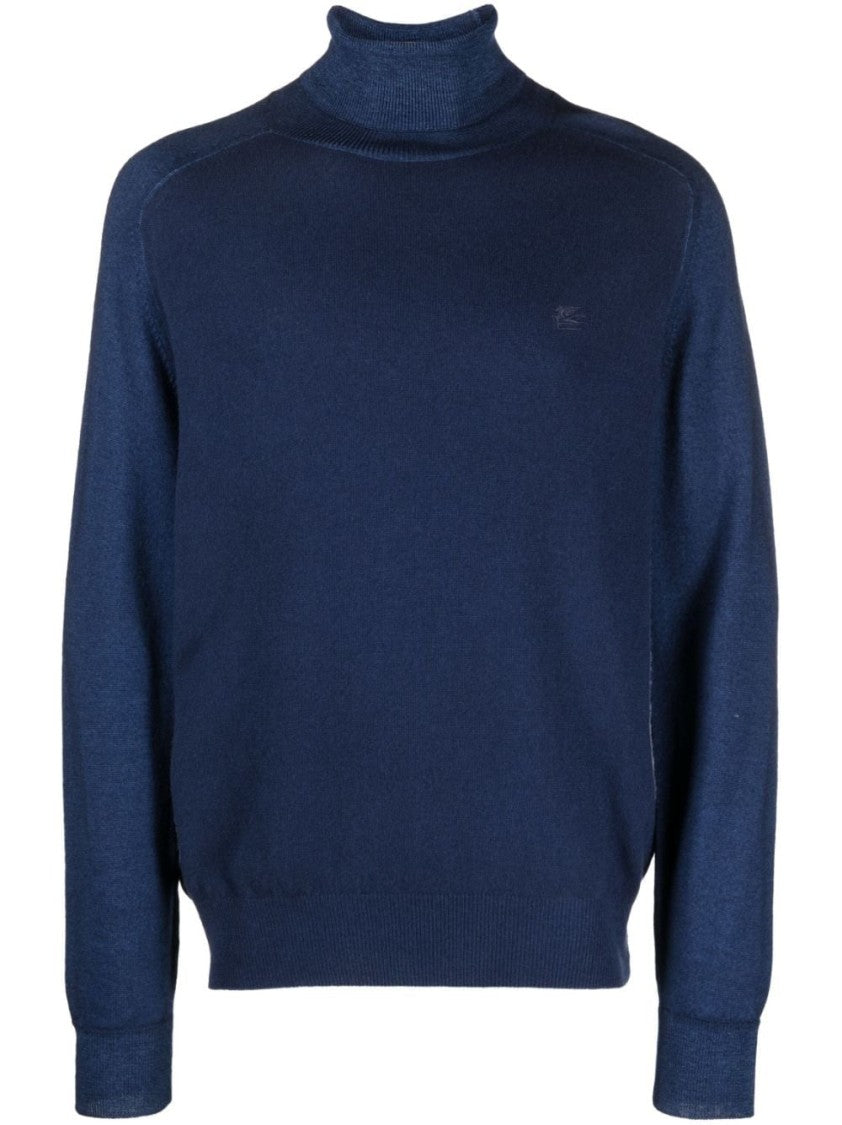 Etro Ribbed Turtleneck Sweater In Blue Wool