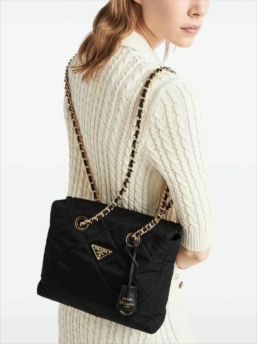 Prada Quilted Black Recycled Nylon Crossbody Bag With Chain Strap