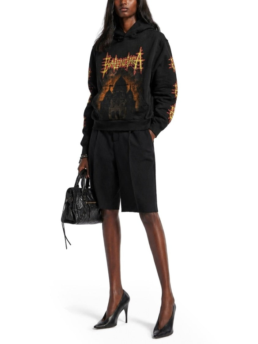 Balenciaga Cropped Fiery Logo Graphic Cotton Hoodie