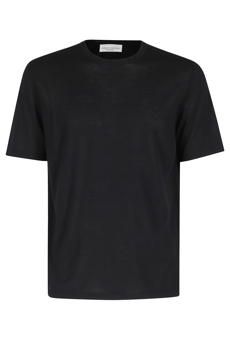 Roberto Collina Black Short Sleeve Ribbed Trim Cotton Knit T-Shirt