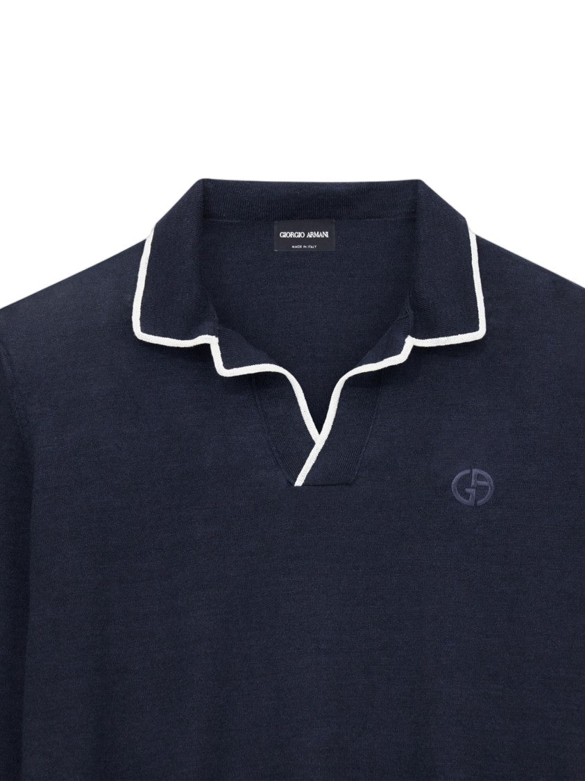 Giorgio Armani Navy Blue Linen-Silk Blend Polo Shirt