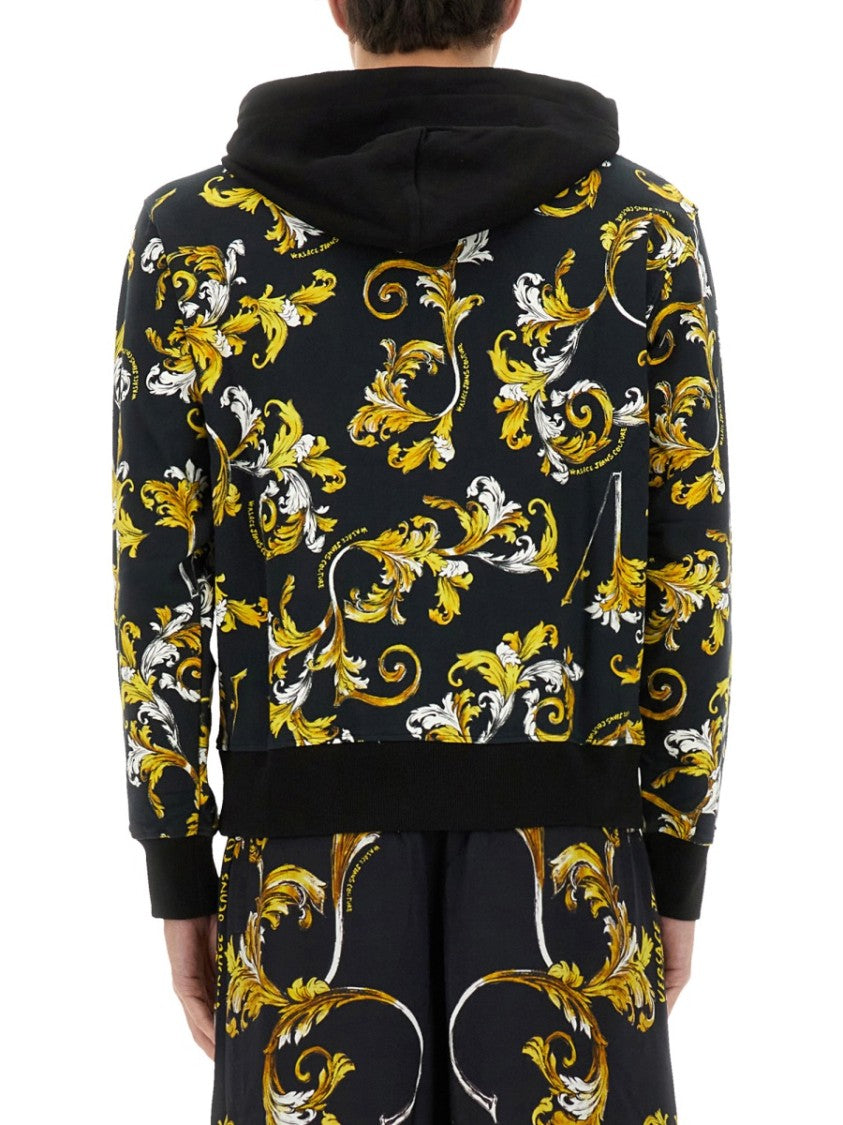 Versace Jeans Couture Floral Patterned Hoodie With Contrasting Black Accents