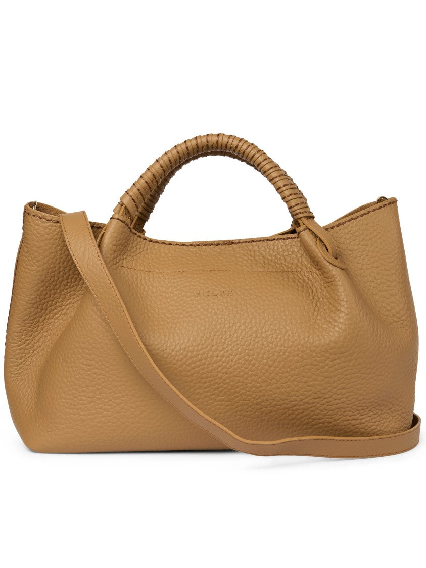 Visona` Brown Queen Medium Pebbled Leather Handbag