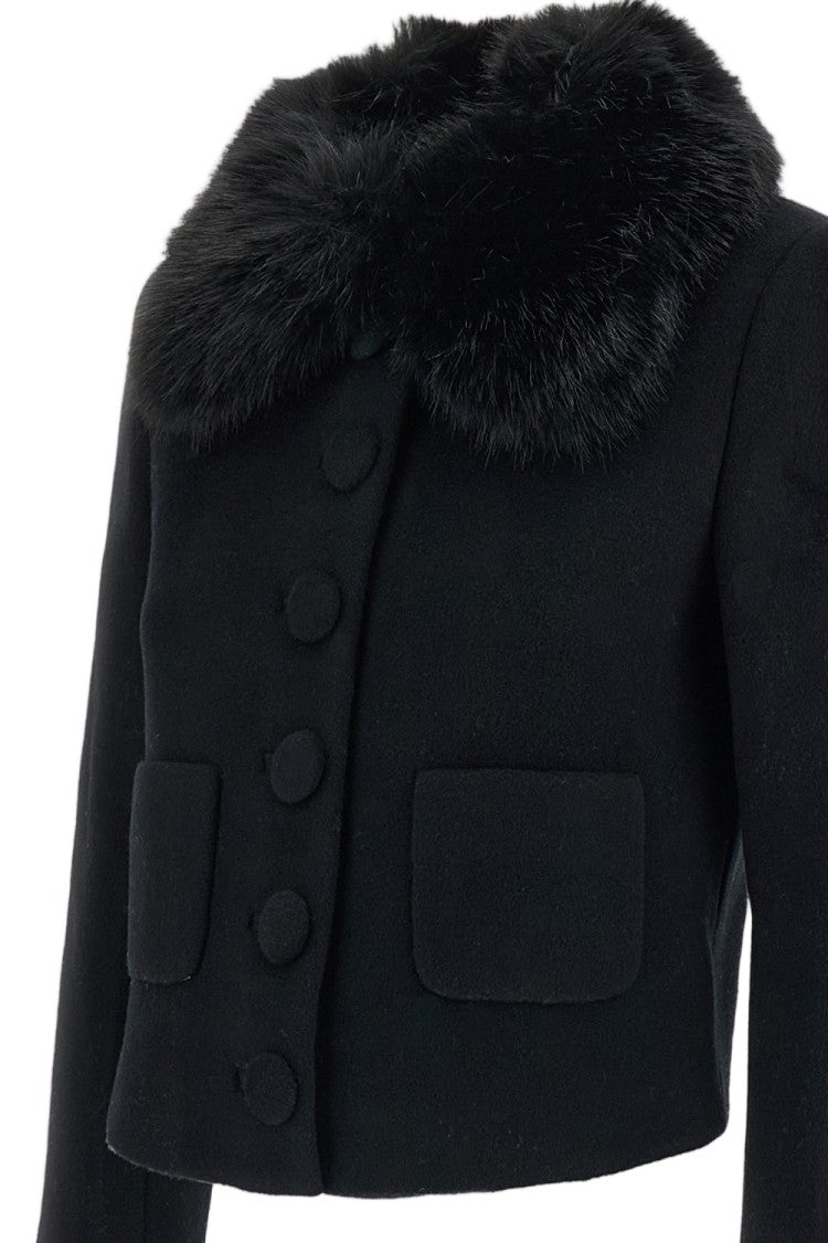 Self-Portrait Black Faux-Fur Cuff Cropped Wool Jacket