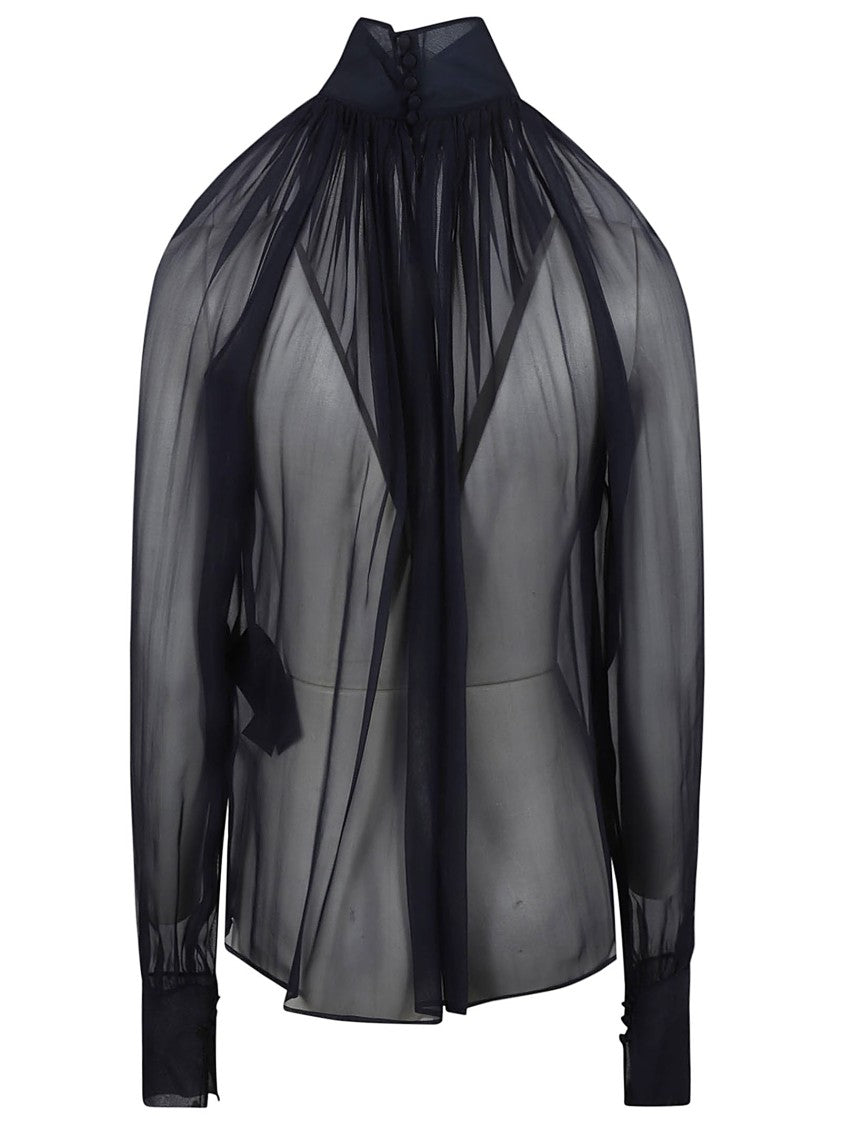 Saint Laurent High-Neck Sheer Silk Shirt With Delicate Pleating