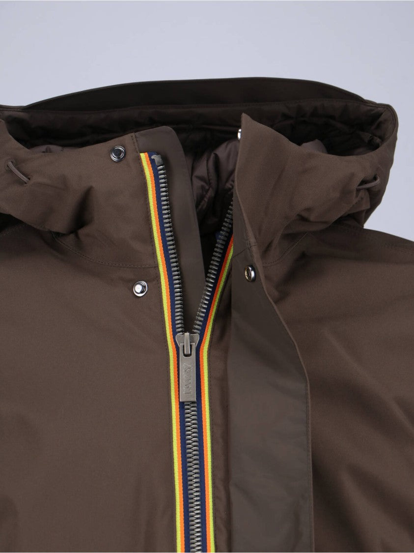 K-Way Padded Brown Jacket With Drawstring Hood
