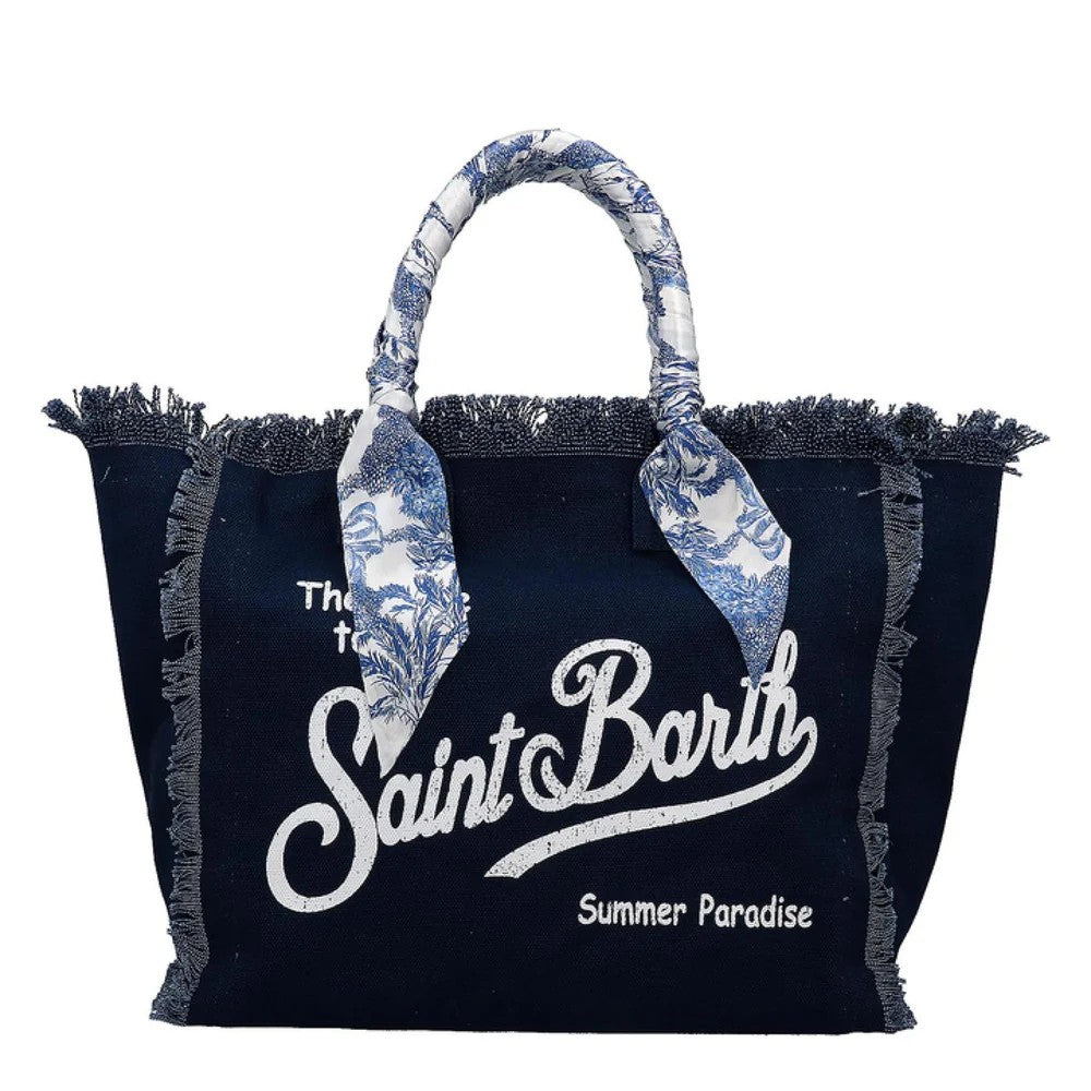 Mc2 Saint Barth Fringed Edge Navy Tote Bag With Decorative Fabric Handles