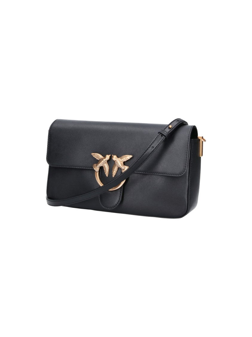 Pinko Black Leather Love Birds Flap Shoulder Bag