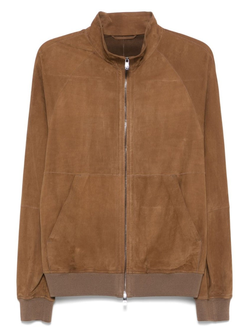 Corneliani Brown Leather Parka With High Collar
