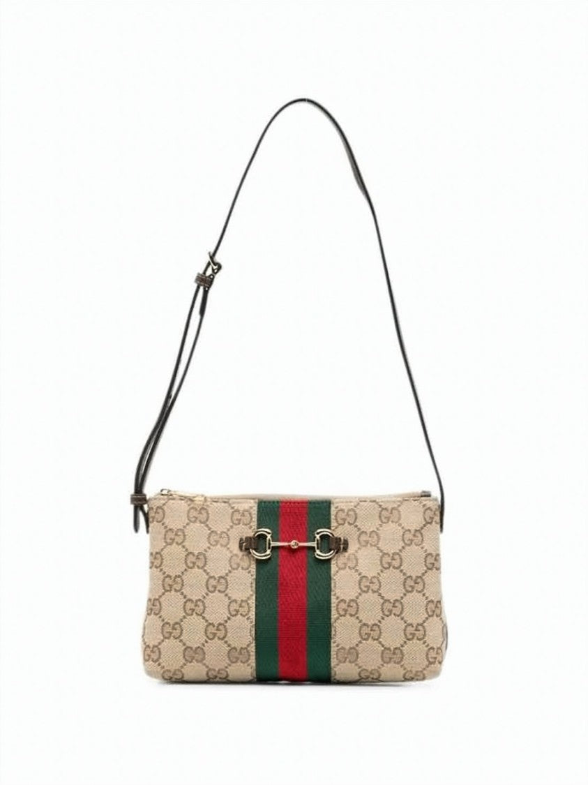 Gucci Rectangular Canvas Crossbody Bag With Monogram Pattern And Horsebit Hardware