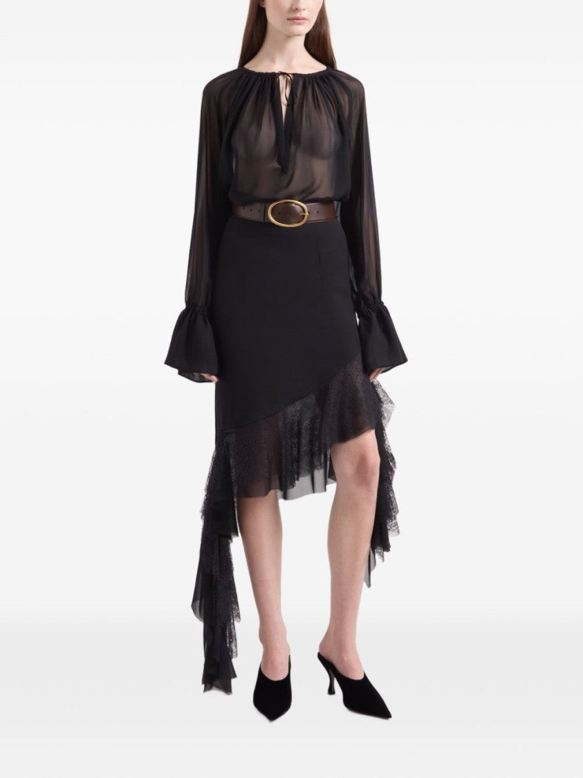 Nina Ricci Sheer Black Blouse With Voluminous Sleeves And Tie Detail