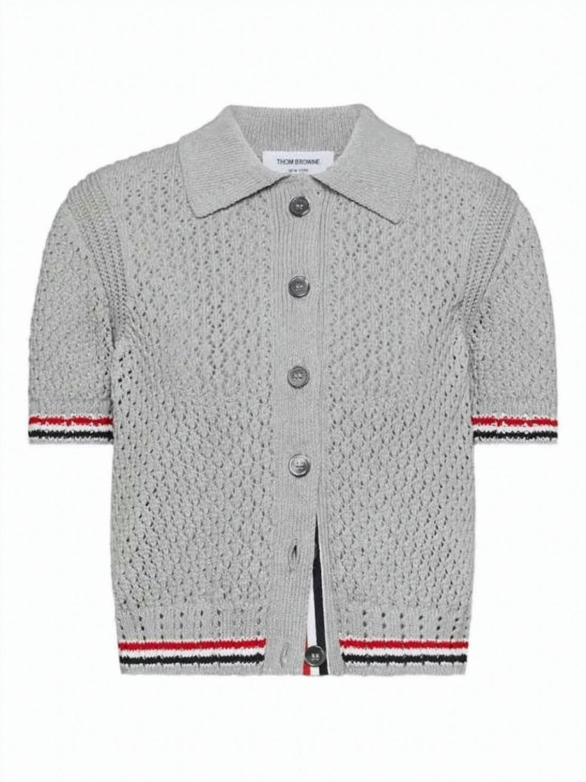Thom Browne Short-Sleeved Button-Up Cardigan With Open-Knit Design