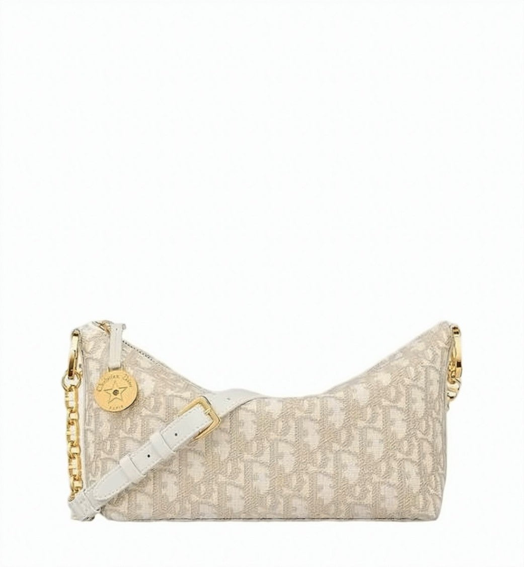 Dior Structured Monogram Shoulder Bag With Chain Detail And Adjustable Strap