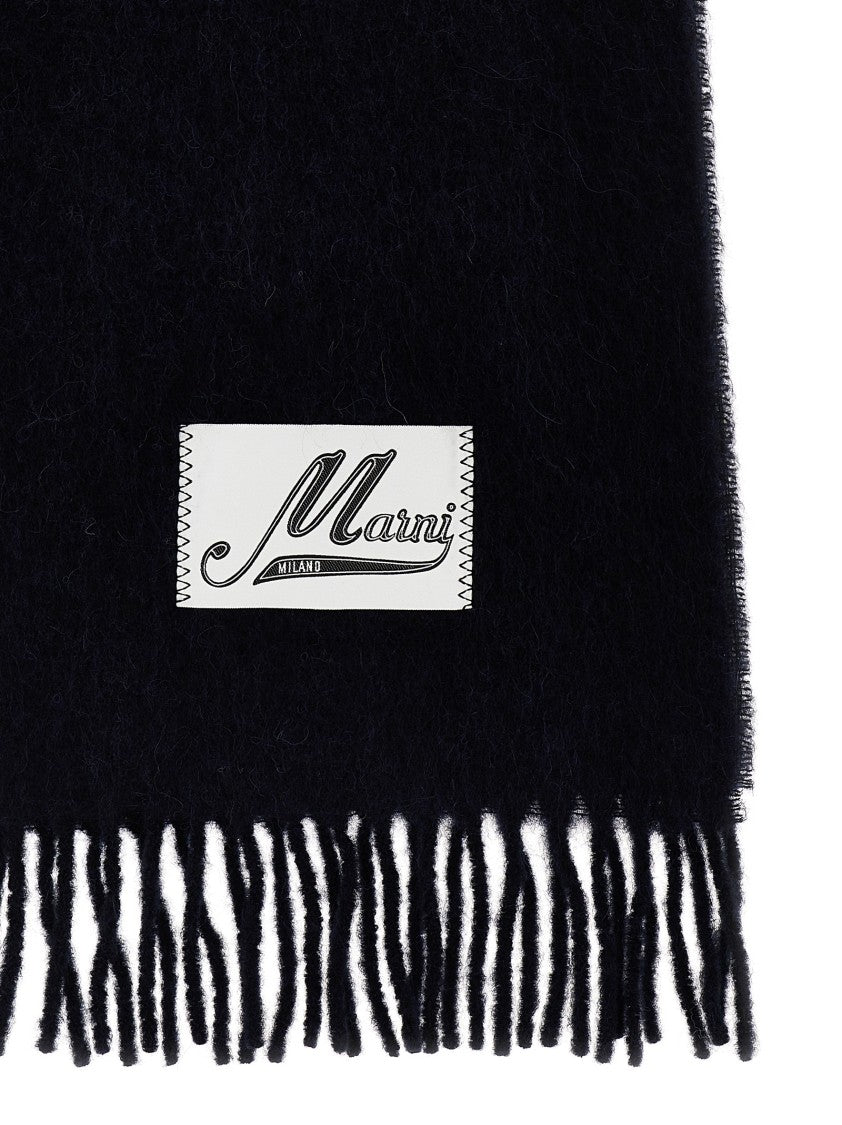 Marni Fringed Wool Blend Scarf With Maxi Logo Patch