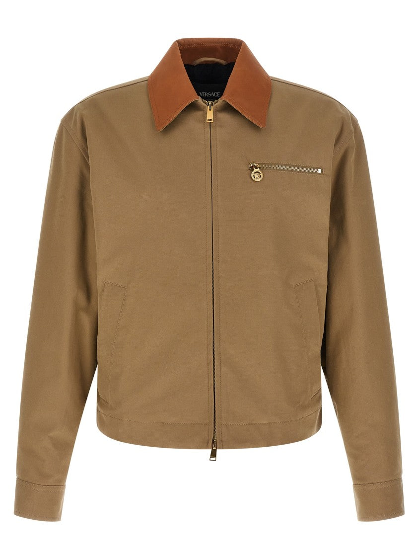 Versace Canvas Jacket With Leather-Covered Collar And Zipped Pocket
