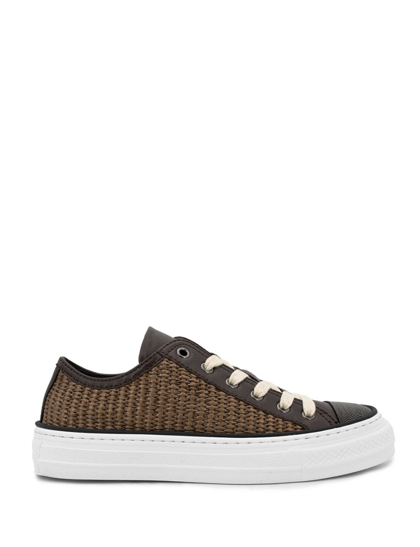 Brunello Cucinelli Woven Raffia And Leather Sneakers With Lace-Up Closure