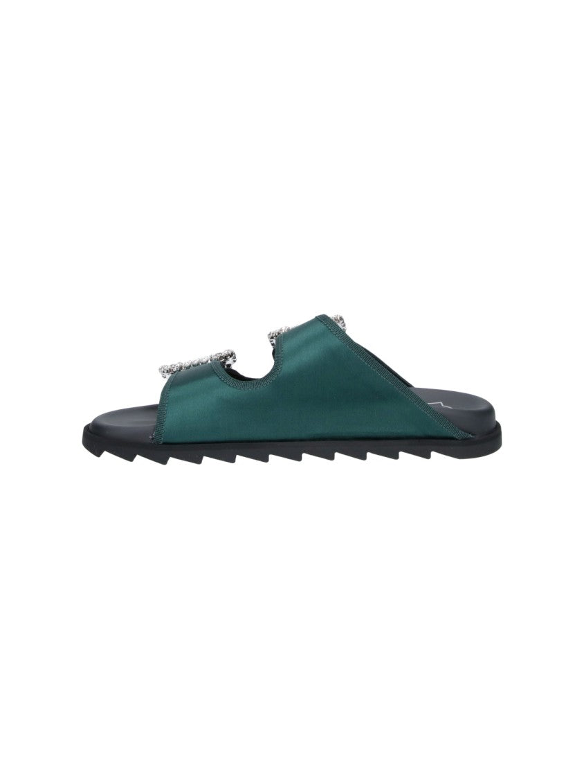 Roger Vivier Green Slidy Viv Satin Strap Mules