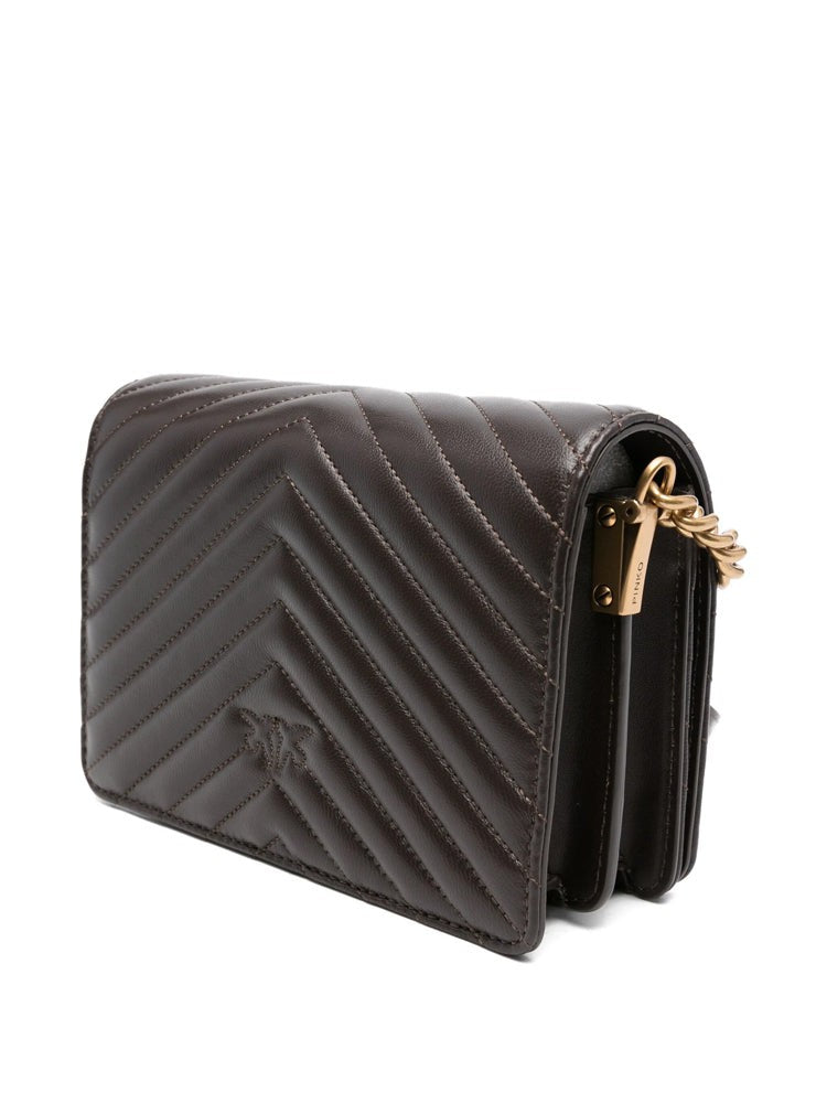Pinko Quilted Brown Mini Shoulder Bag With Distinctive Bird Clasp