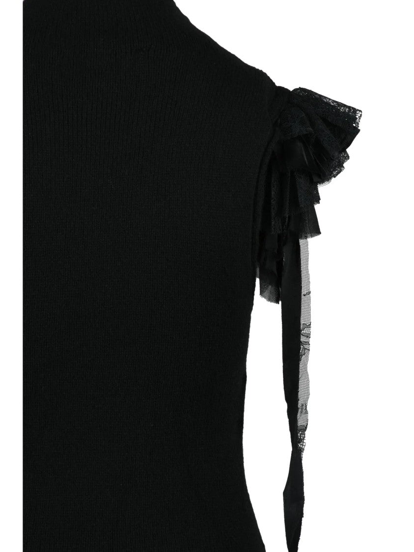 Alberta Ferretti Draped Black Vest With Romantic Ruffled Lace Details