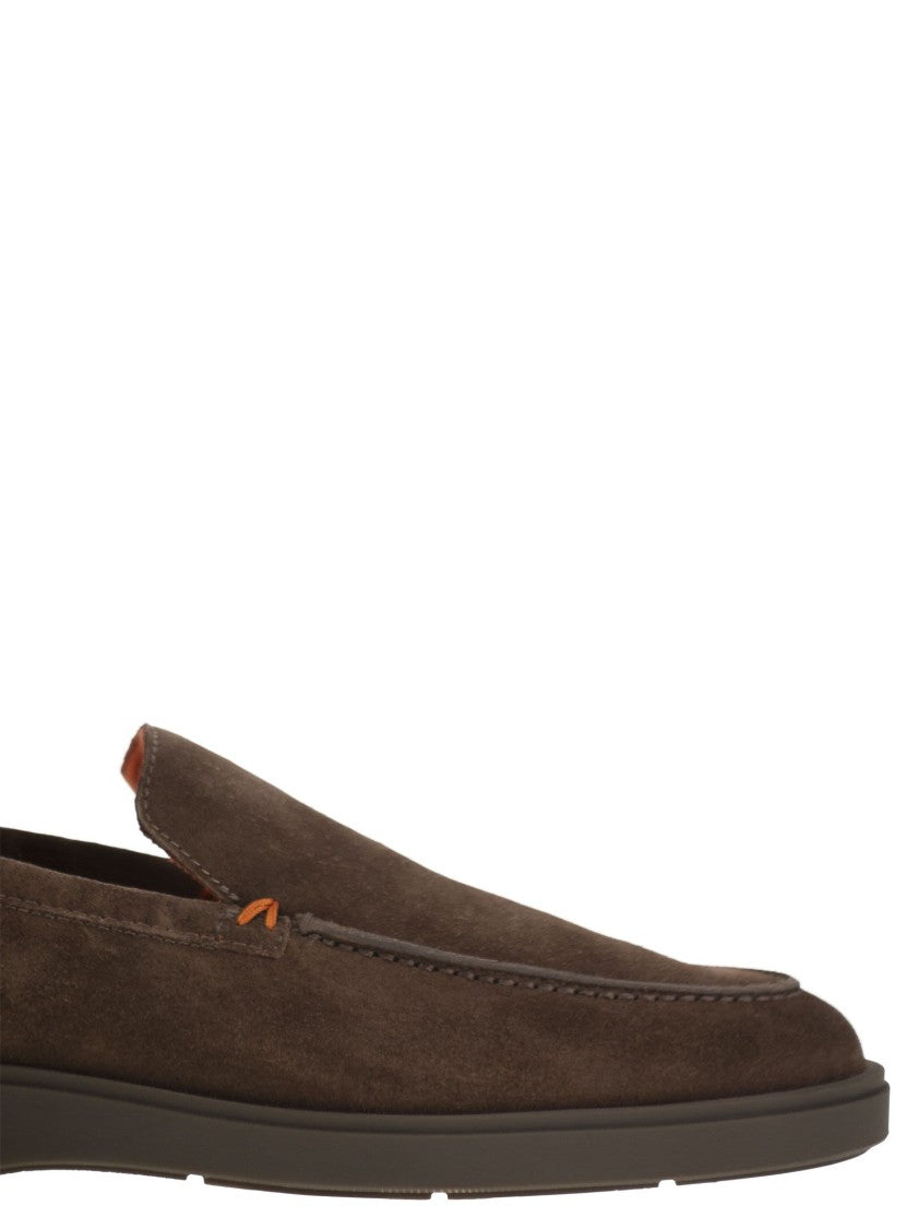 Santoni Brown Suede Loafers With Orange Thread Accents