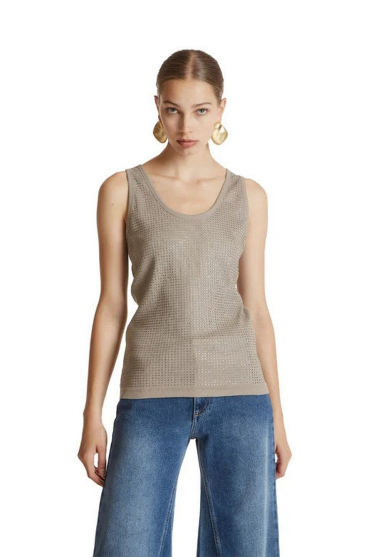 Simona Corsellini Taupe Embellished Scoop-Neck Tank Top