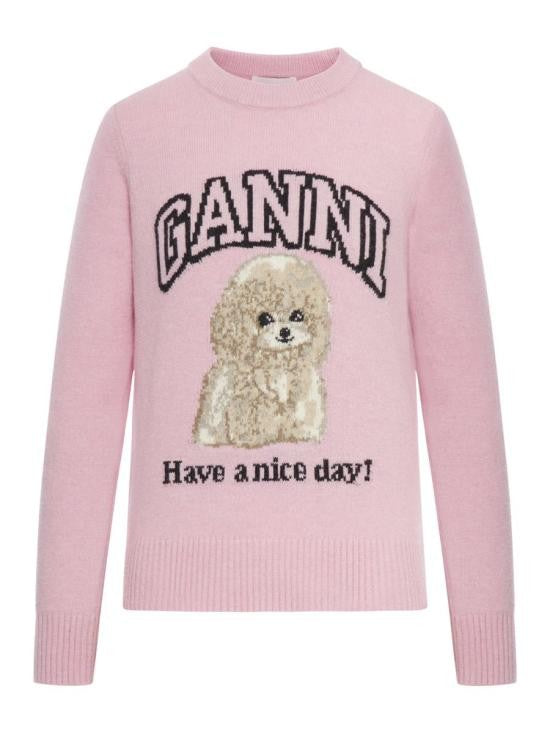 Ganni Playful Pink Knit Sweater With Graphic Design