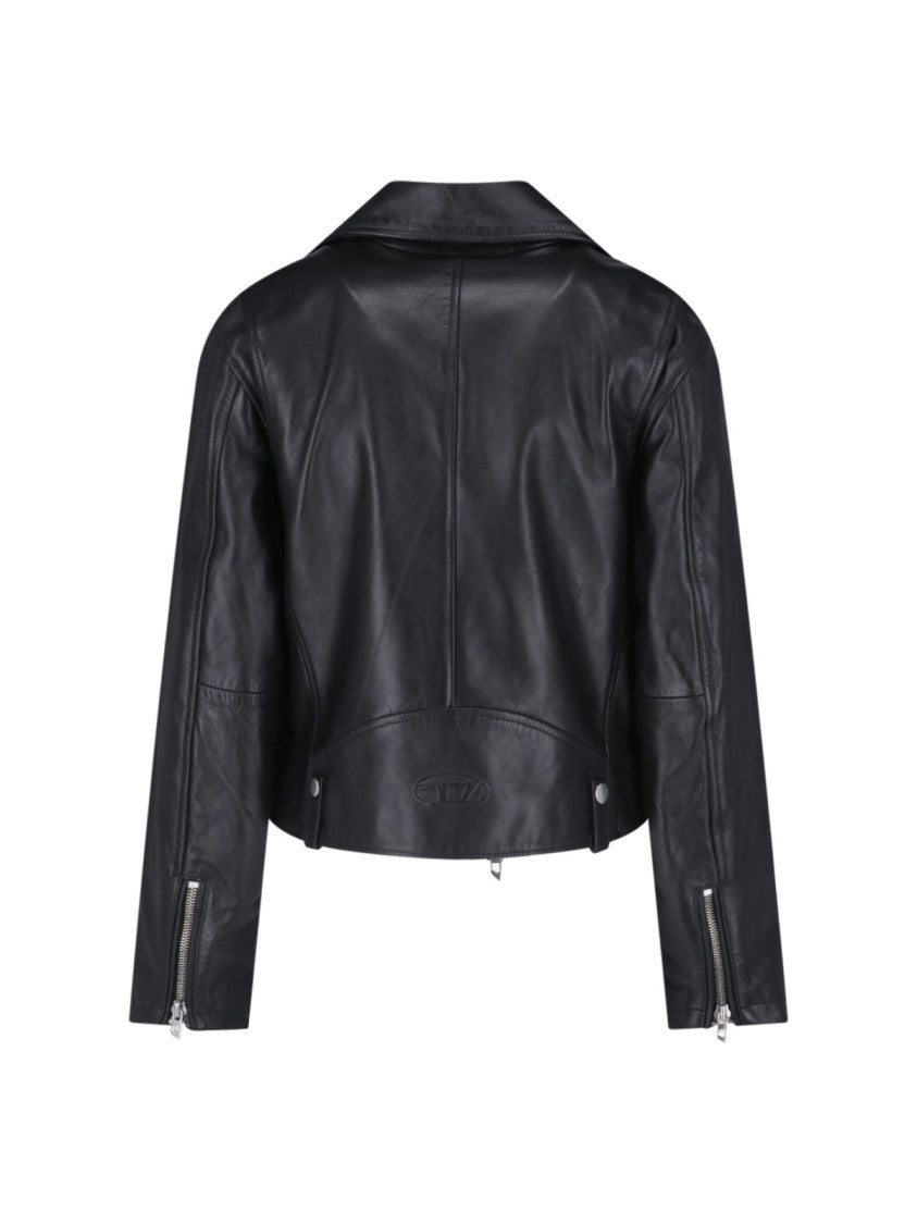 Diesel Cropped Black Leather Jacket With Asymmetrical Front