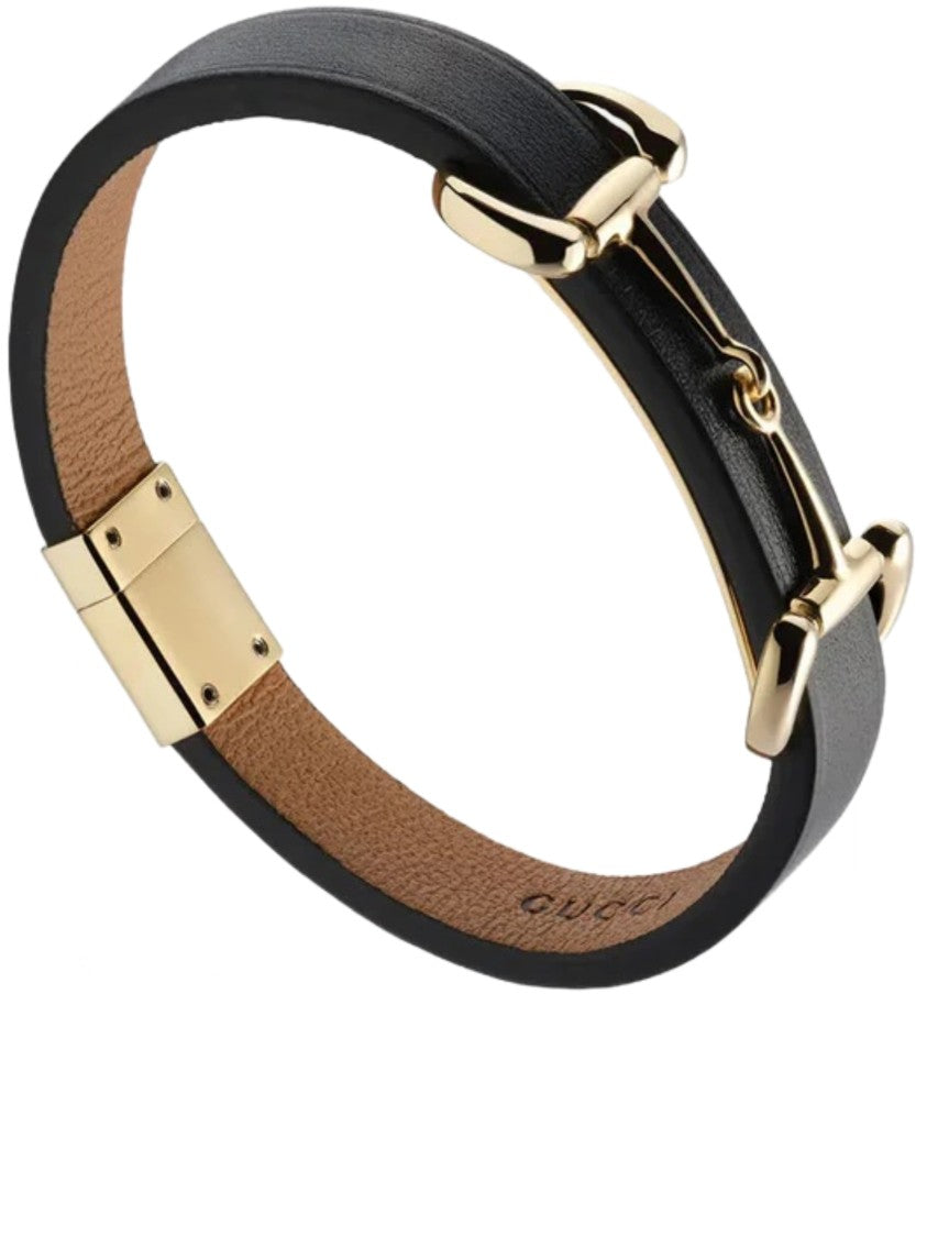 Gucci Black Horsebit Detail Leather Clasp Bracelet
