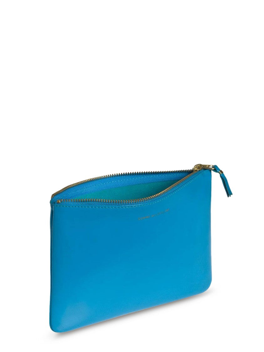 Comme Des Garçons Rectangular Blue Leather Wallet With Zip Closure
