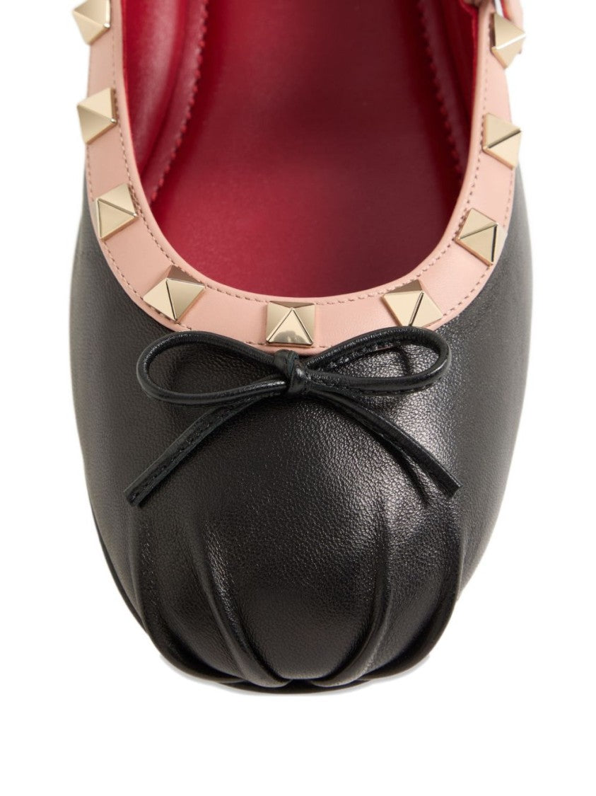 Valentino Garavani Black Leather Gold Studded Bow Flats