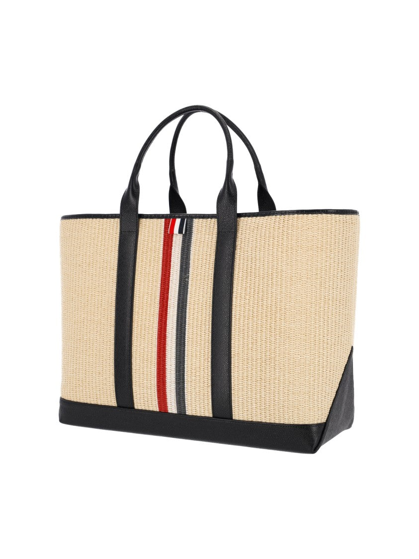 Thom Browne Rwb Beige Raffia Leather Trim Medium Tote Bag