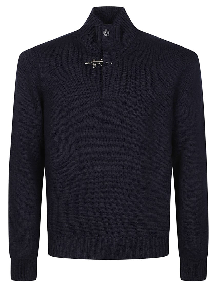 Fay Ribbed High Collar Buttoned Virgin Wool Turtleneck Sweater