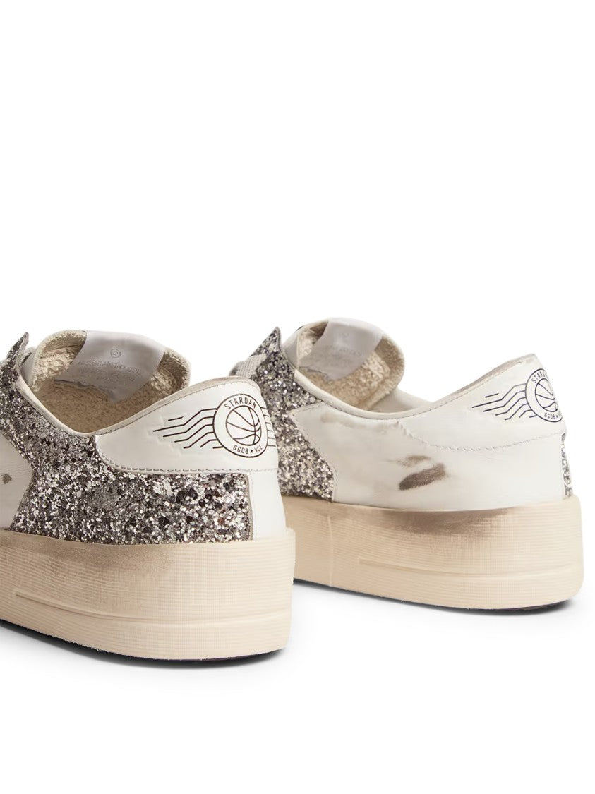 Golden Goose Distressed White Low-Top Sneakers With Silver Glitter Accents