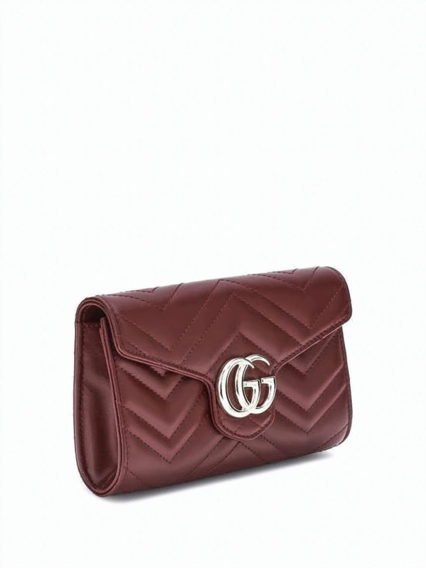 Gucci Burgundy Leather Gg Marmont Chain Wallet With Chevron Pattern