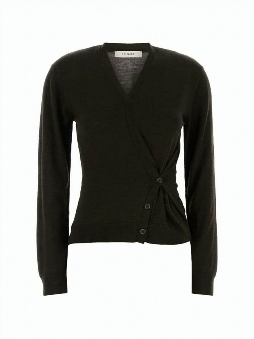 Lemaire Fitted Black Cardigan With Unique Wrap Front Design