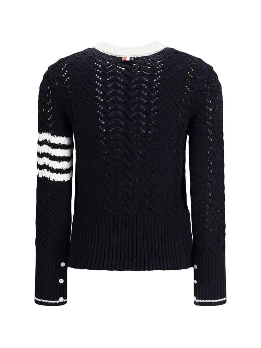 Thom Browne Fitted Black Wool Sweater With Openwork Design