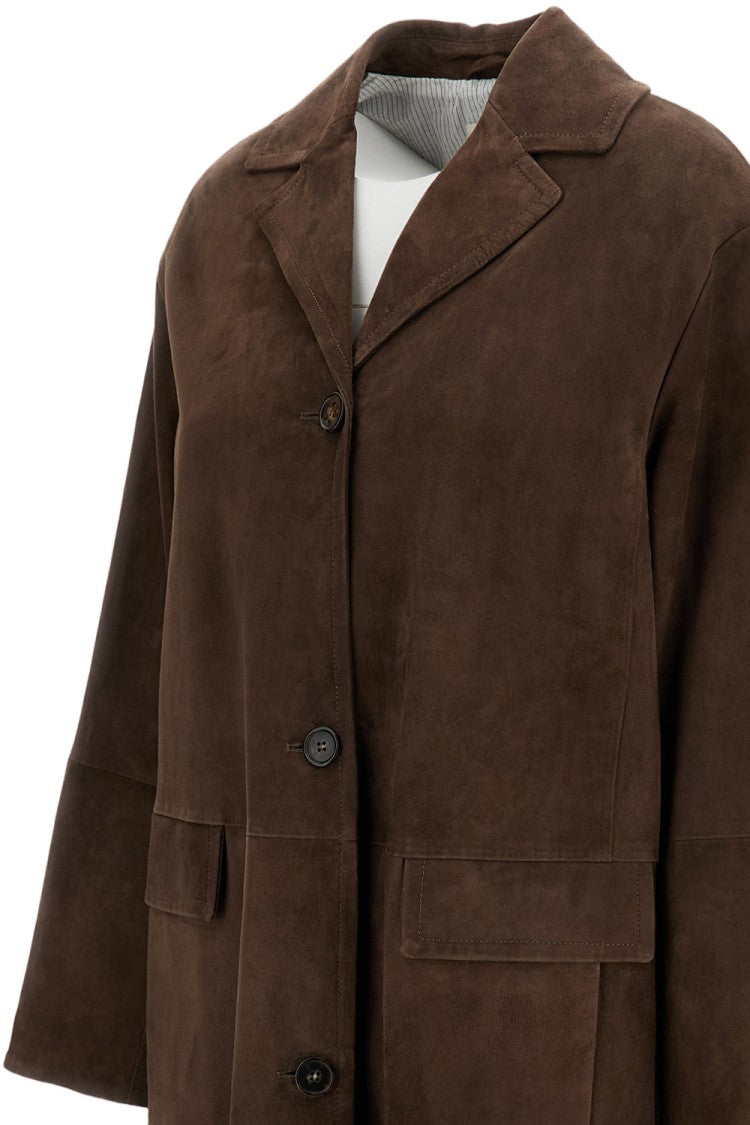 Max Mara Single-Breasted Midi Coat In Suede Leather