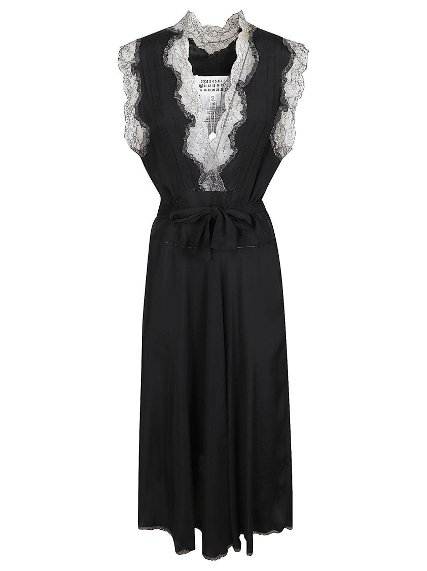 Maison Margiela Flowing Black Dress With Lace Trim And Belted Waist