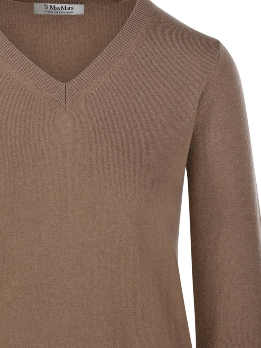 Max Mara V-Neck Brown Wool Sweater With Ribbed Detailing