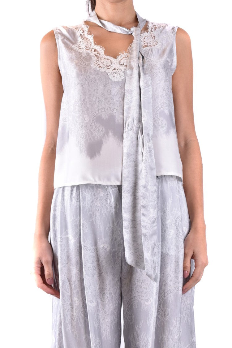 Ermanno Grey Viscose Lace-Trim Tie-Neck Blouse