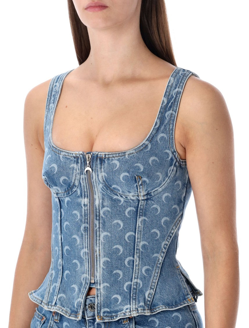 Marine Serre Blue Moon Allover Denim Bustier Top