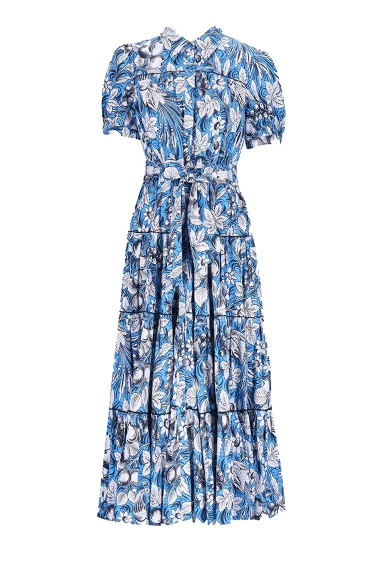 Diane Von Furstenberg Blue Cotton Floral-Print Tiered Dress