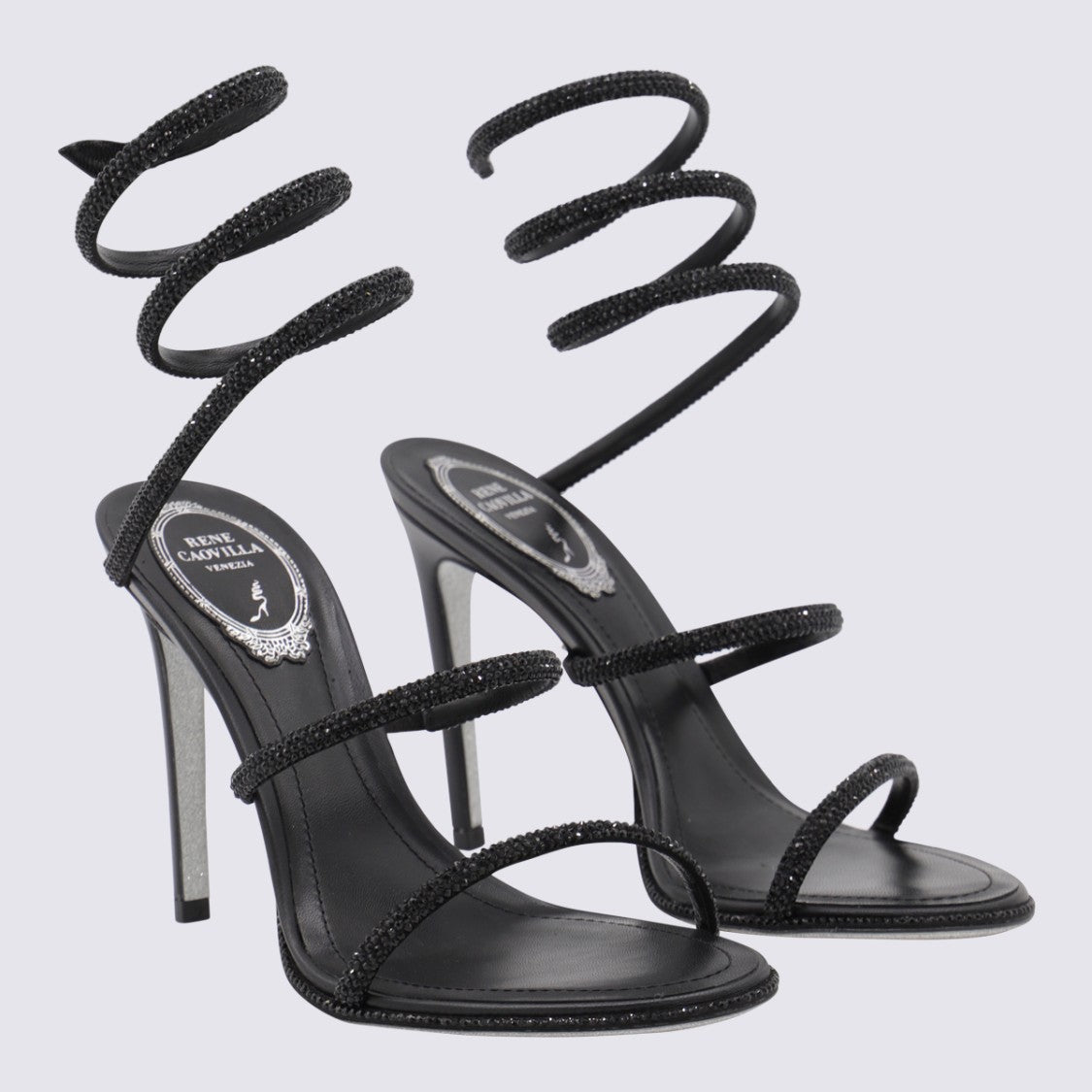 René Caovilla High-Heeled Black Sandals With Spiral Crystal Ankle Strap