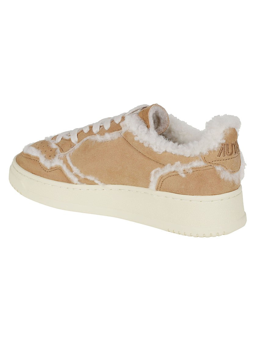 Autry Beige Medalist Low White Shearling Sheep Leather Sneakers