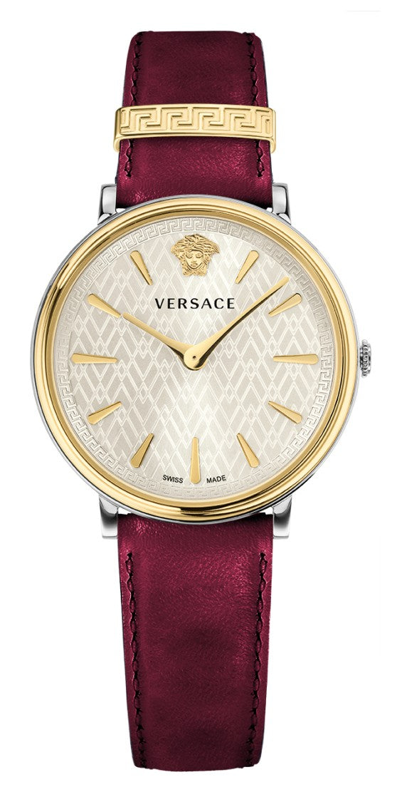 Versace 38Mm Red Calf Leather Watch With Silver Dial And Swiss Movement