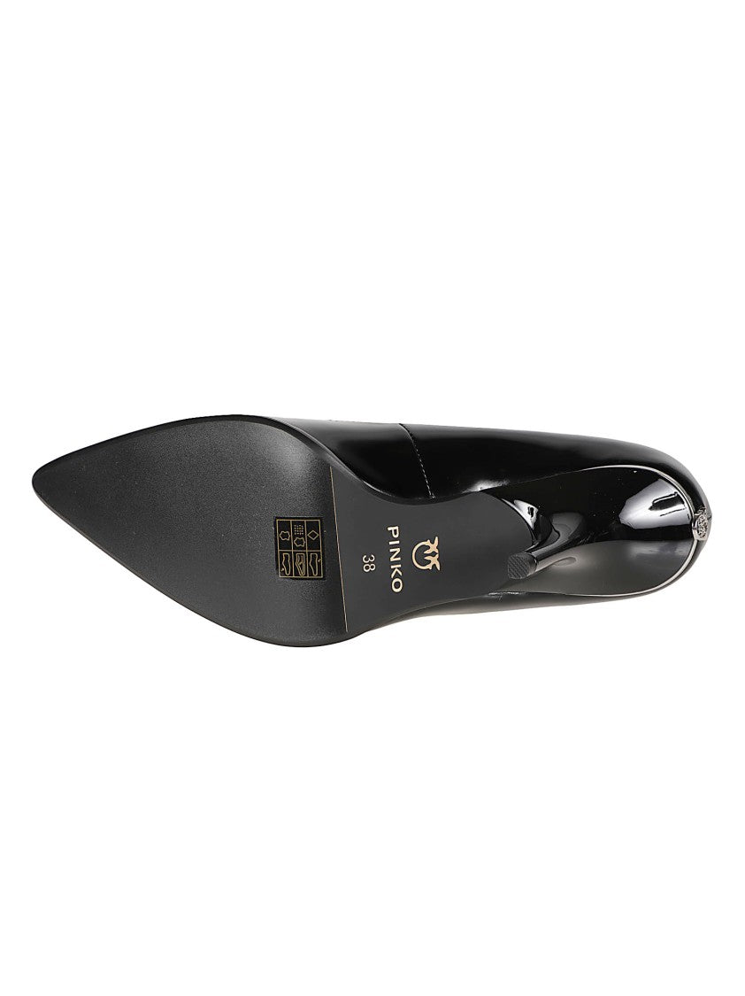 Pinko Pointed-Toe Black Leather Pumps With Kitten Heel And Metallic Detail