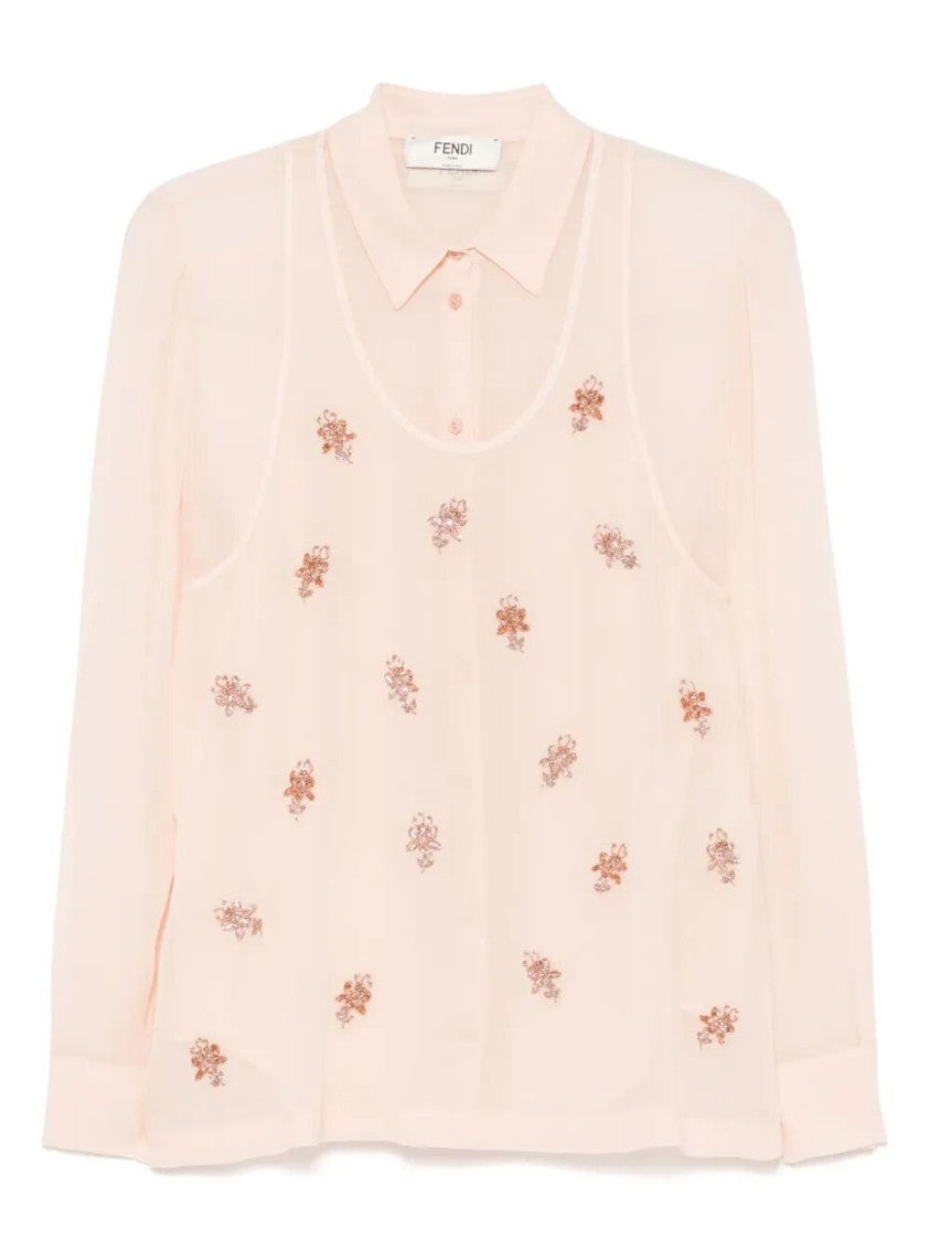 Fendi Floral Embroidered Silk Top With Classic Collar