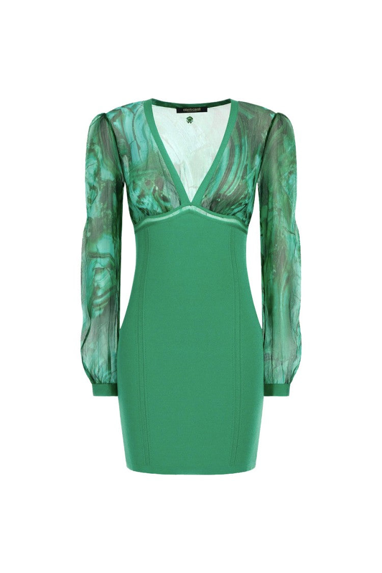 Roberto Cavalli Green Viscose-Blend Marble-Print Bodycon Dress
